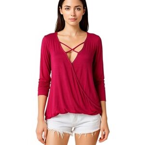 Soho Deep Red Crisscross V-Neck Blouse